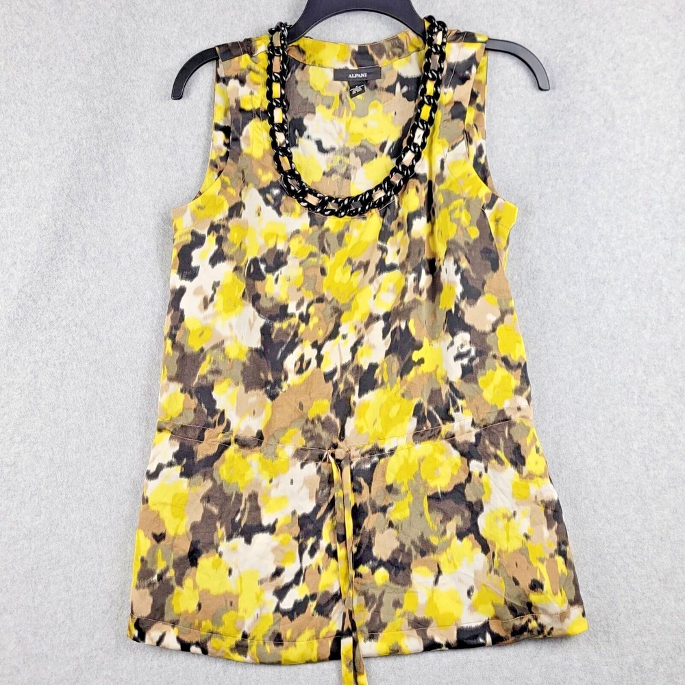 Alfani Top Womens Sz 6 Yellow Black Sleeveless Chained Neckline Drawstring Waist